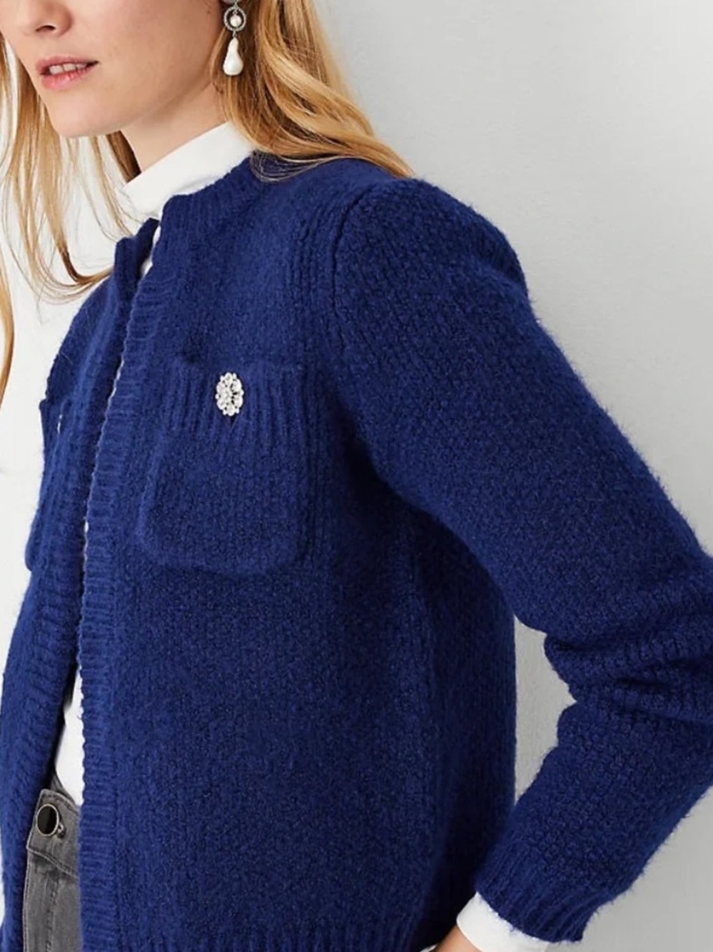 Ann Taylor Royal Blue Jeweled Rhinestone Fuzzy Cardigan